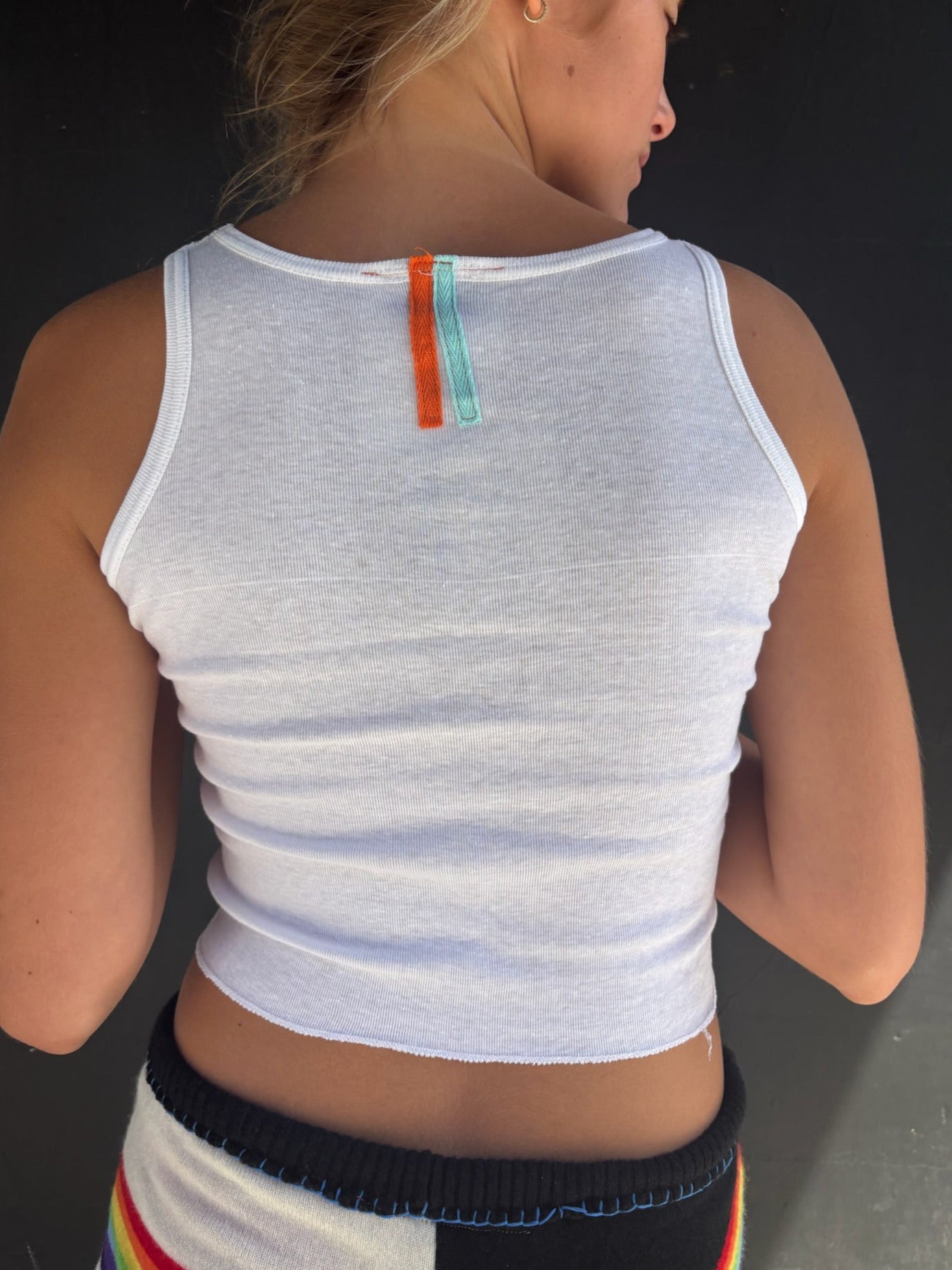 White Baby Tank with Orange Embroidery