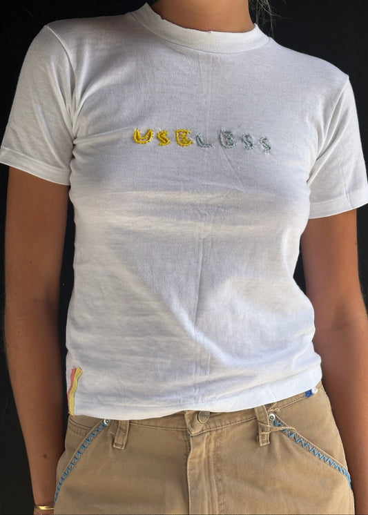White T Shirt Yellow and Blue 'Useless' Embroidery