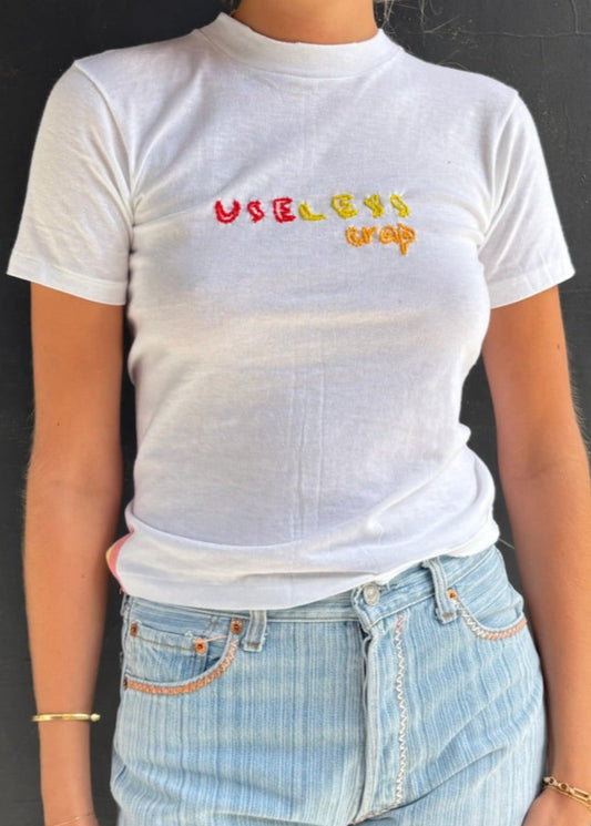 White T Shirt with Red and Yellow 'Useless Crap' Embroidery