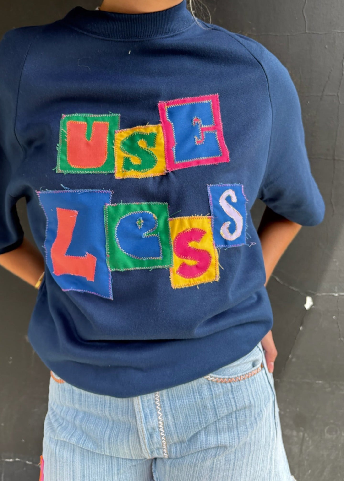 Appliquéd Blue Short Sleeve Sweat