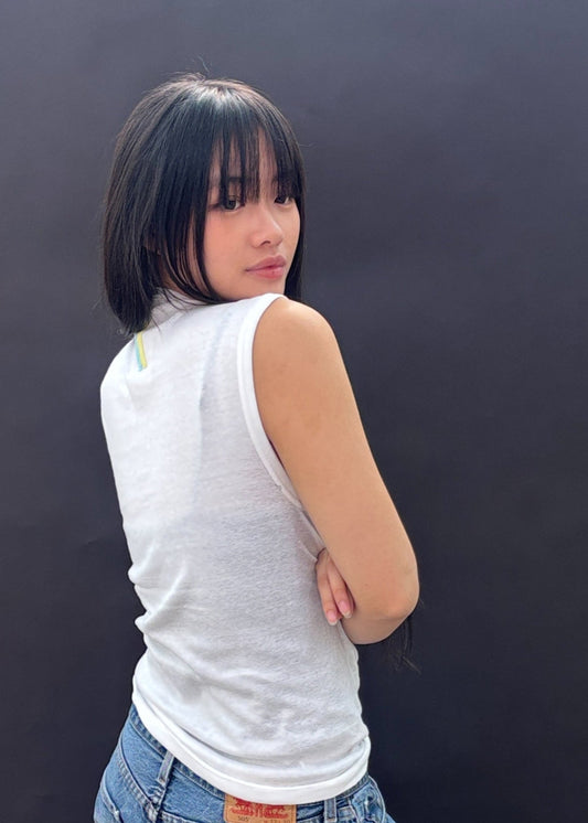 White Muscle T Shirt with Embroidery