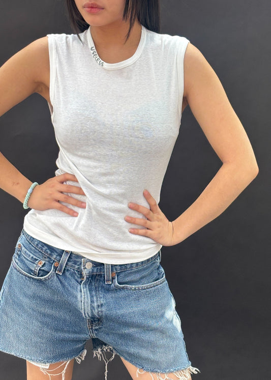 White Muscle T Shirt with Embroidery
