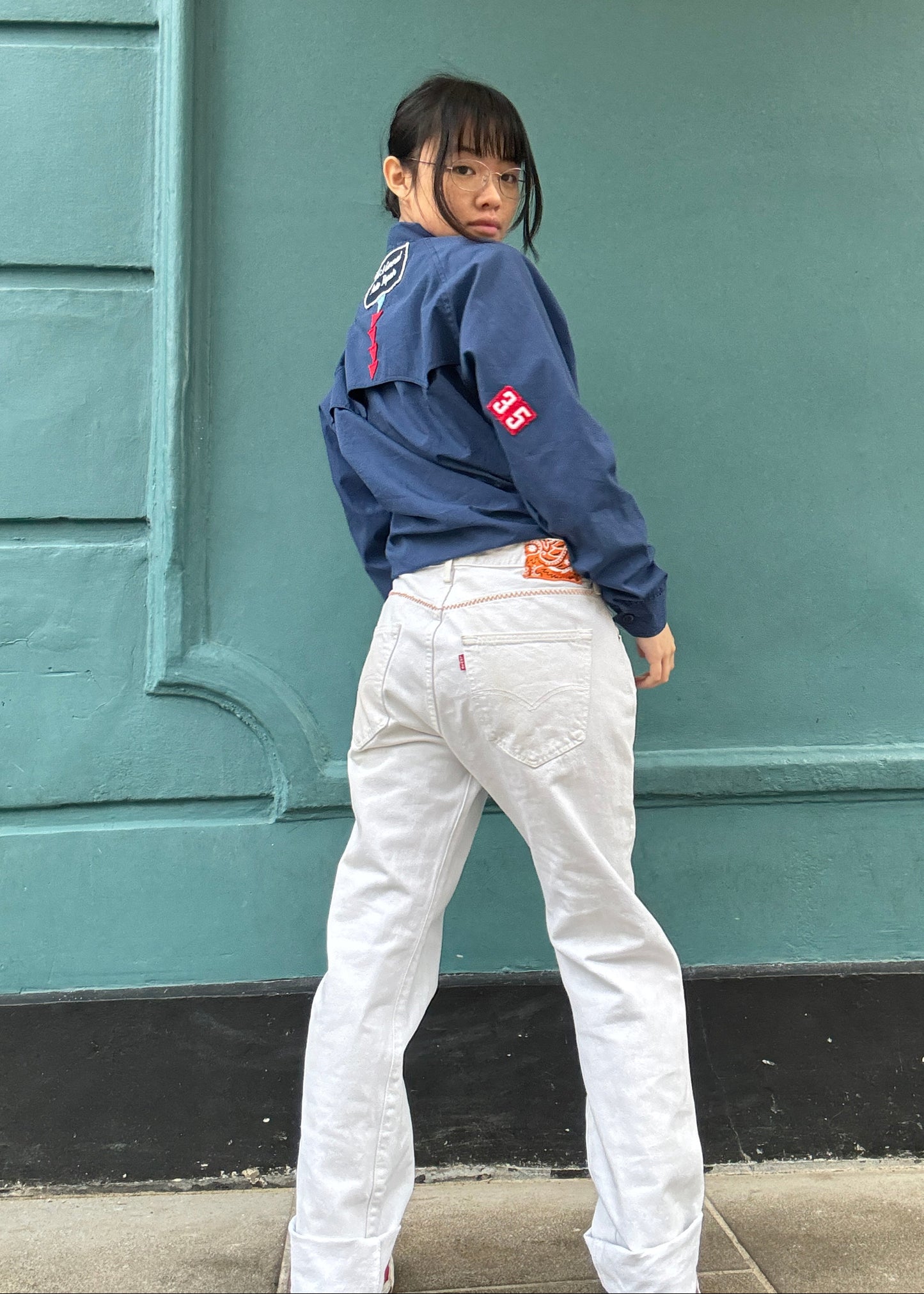 White Levis Zig Zag Stitching