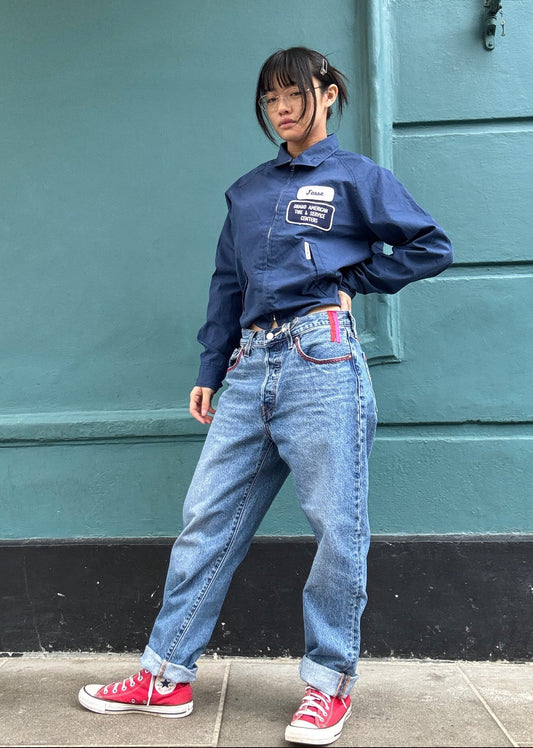 Blue Levis Zig Zag Stitching