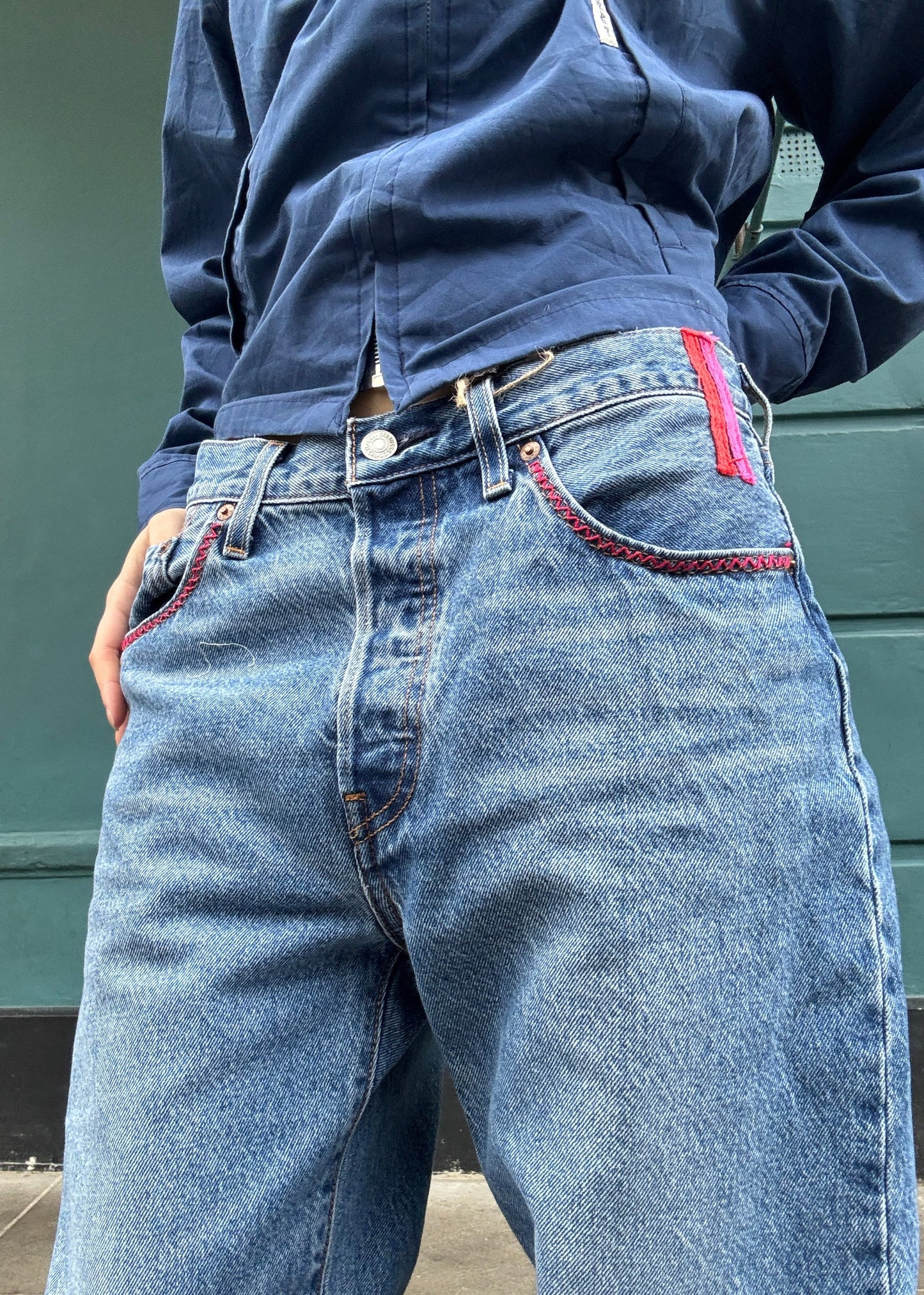 Blue Levis Zig Zag Stitching