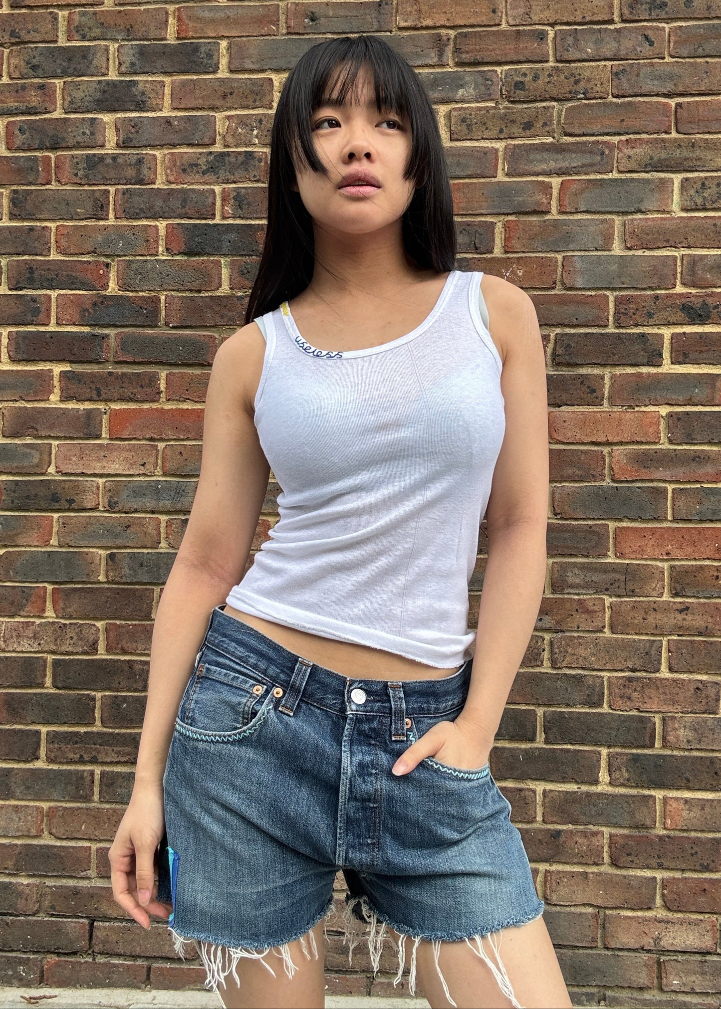 Zig Zag Levi's Cut Offs Blue Gingham Patch