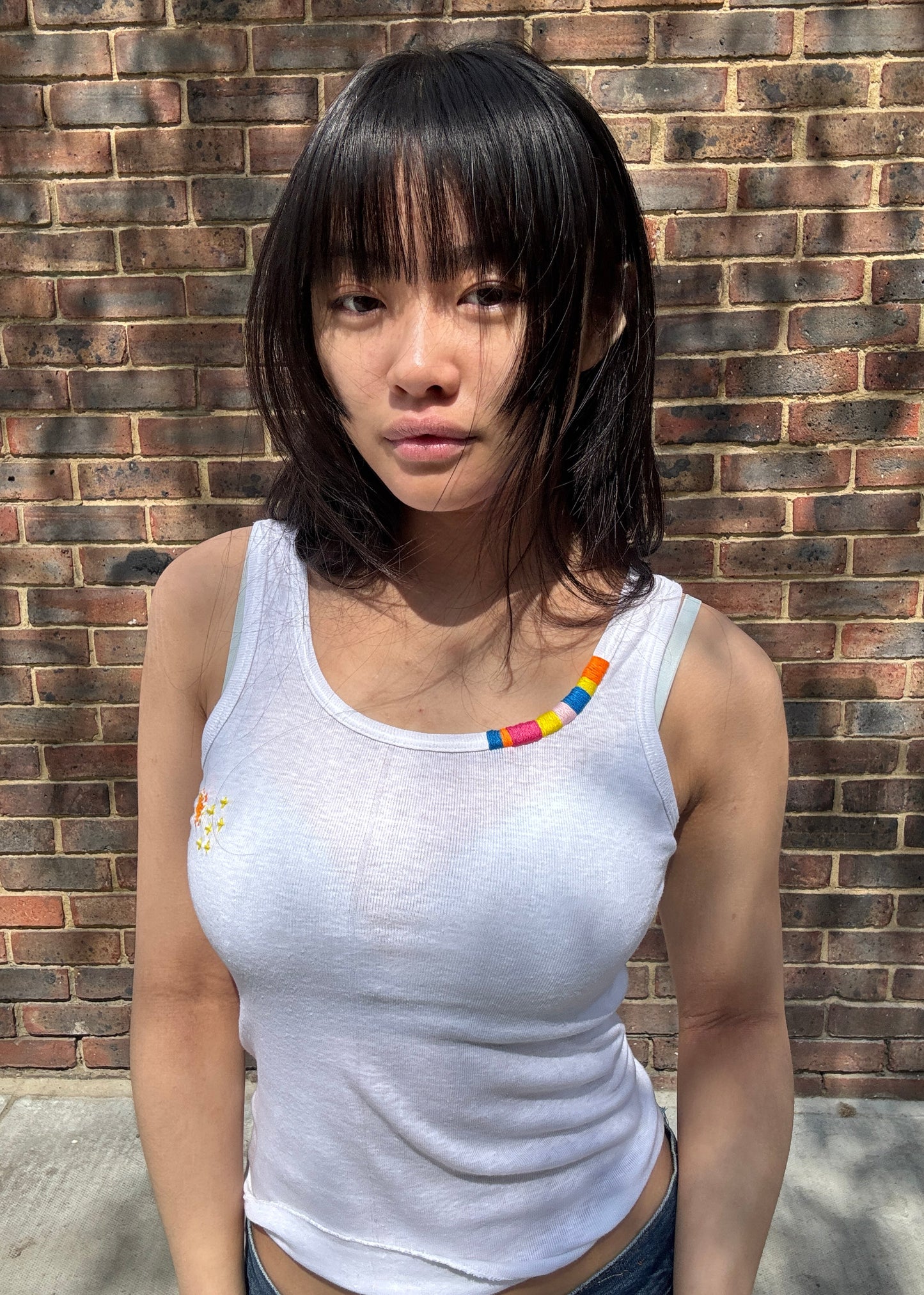 White Tank With Embroidered Neckline and Darning