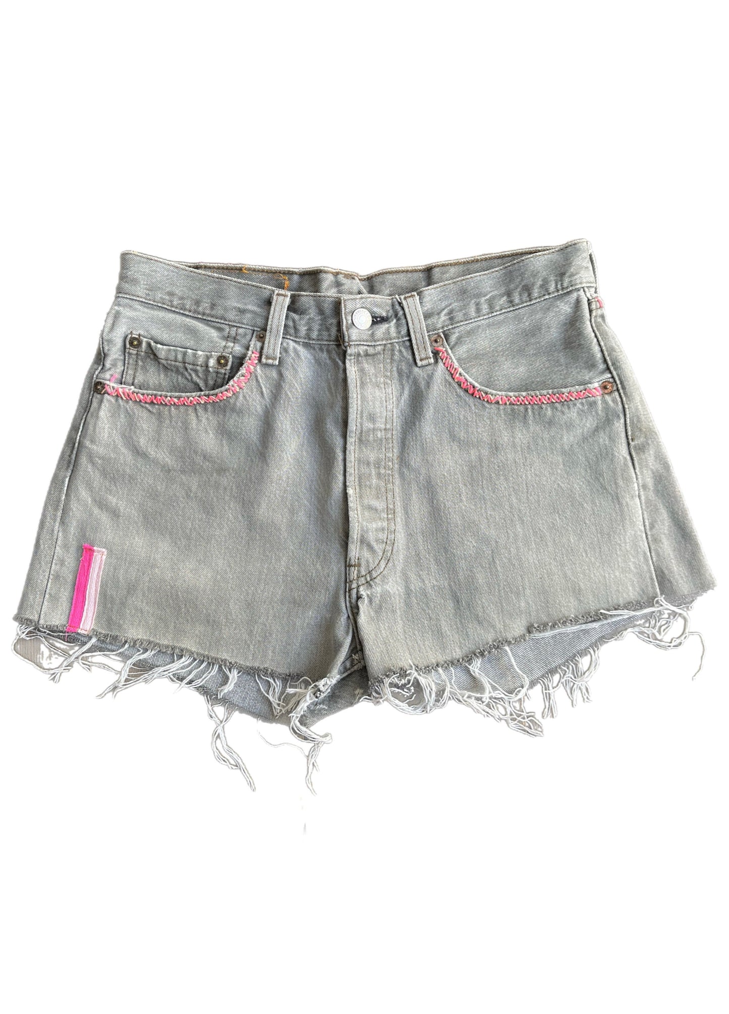 Levi's Grey Wash Cut-Offs With Pink Gingham Patch