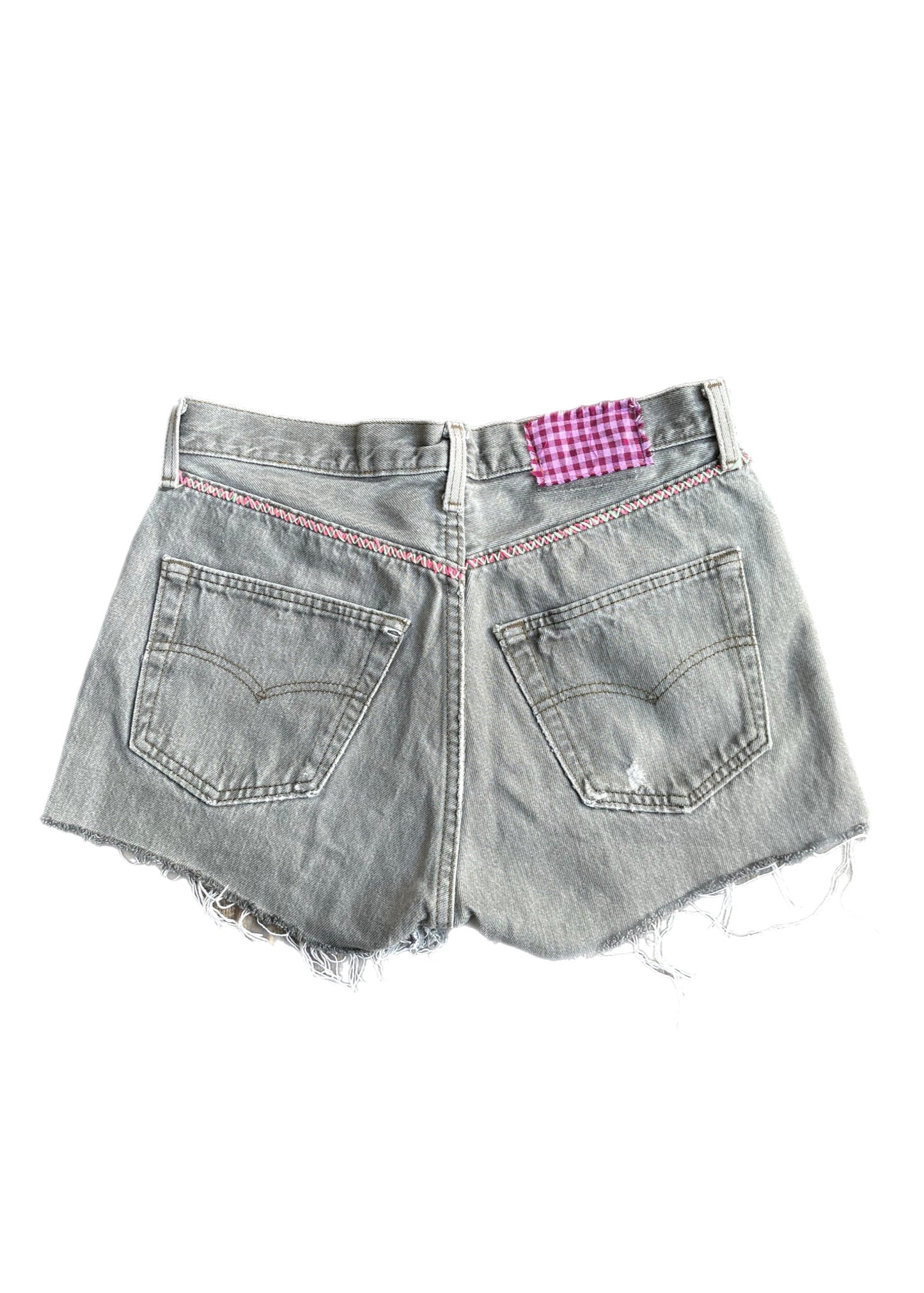 Levi's Grey Wash Cut-Offs With Pink Gingham Patch