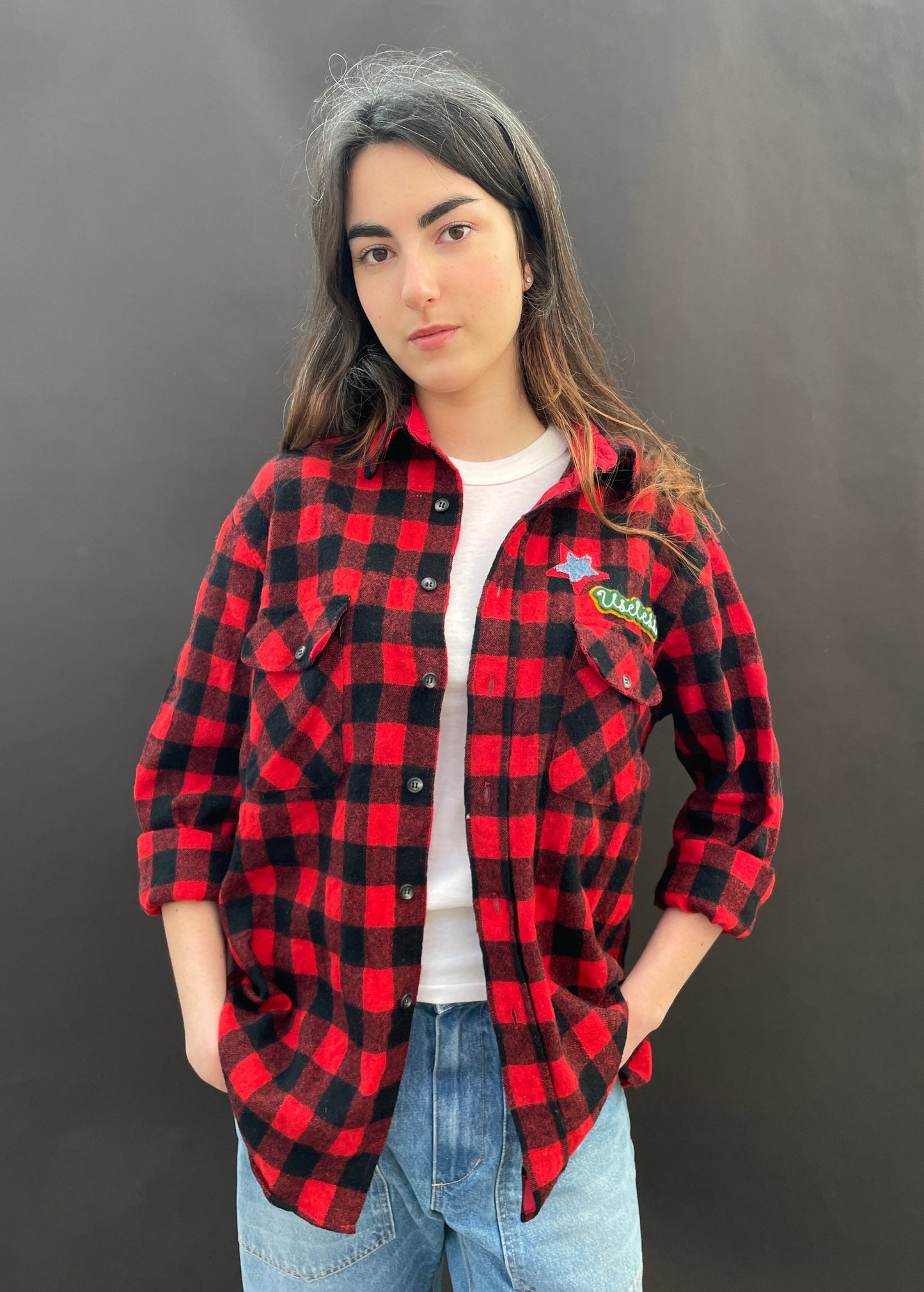 Red and Black Patched Plaid Shirt