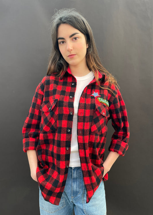 Red and Black Patched Plaid Shirt