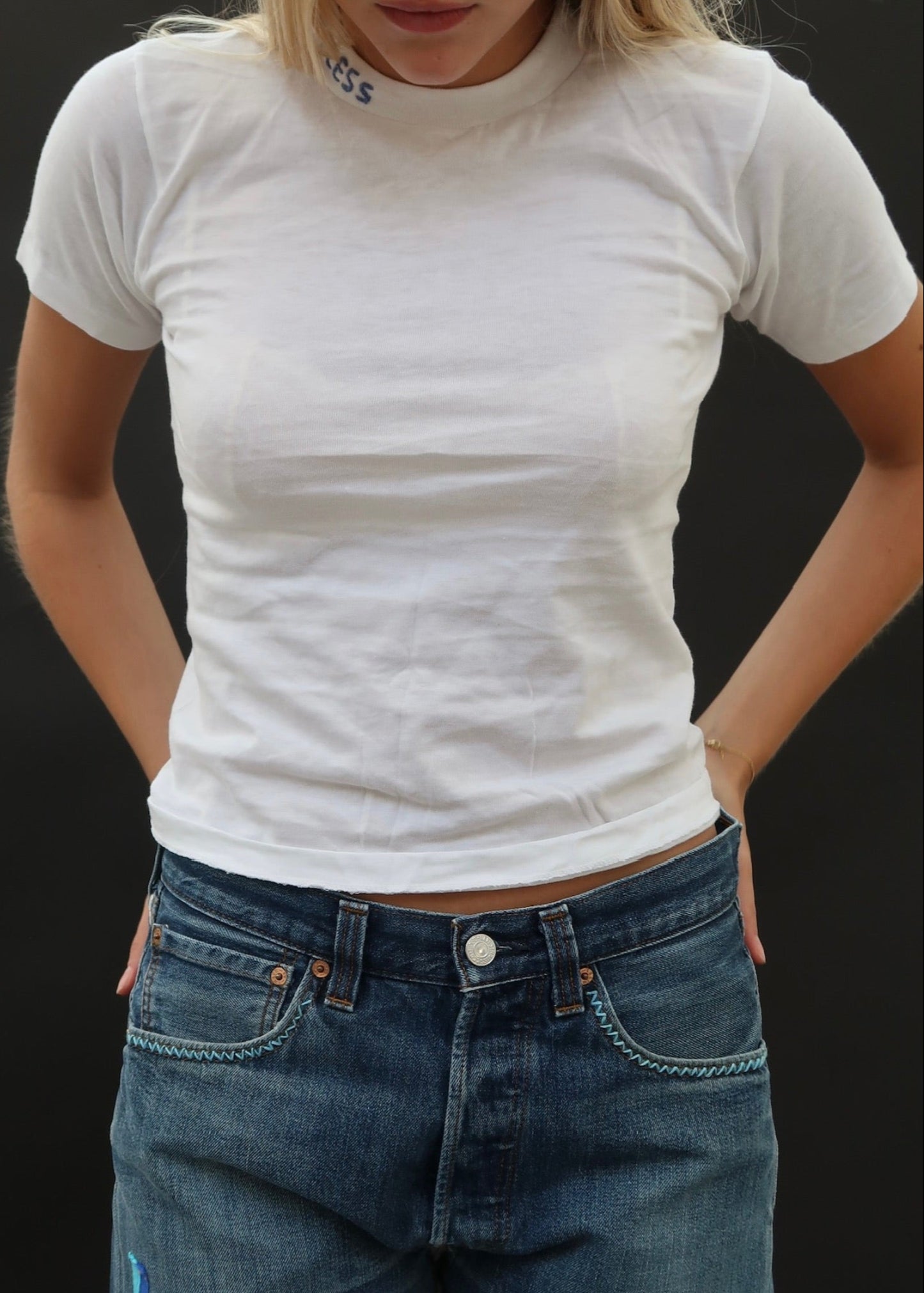 White T Shirt with Blue Embroidery