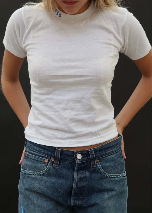 White T Shirt with Blue Embroidery