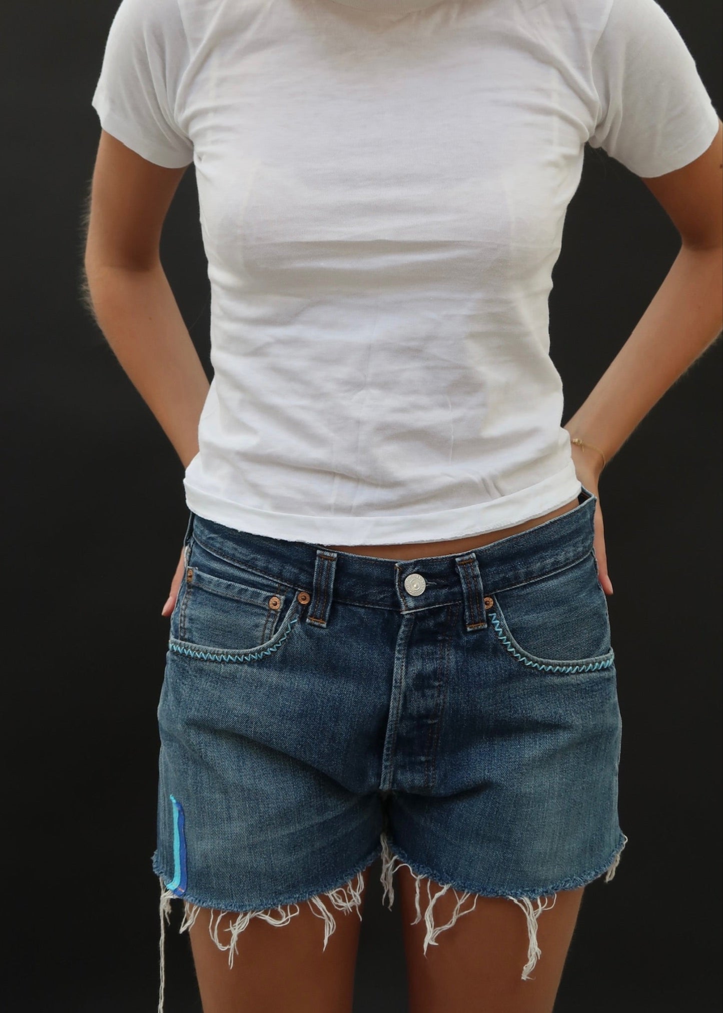 Levi's Dark Wash Cut-Offs with Blue Gingham Patch