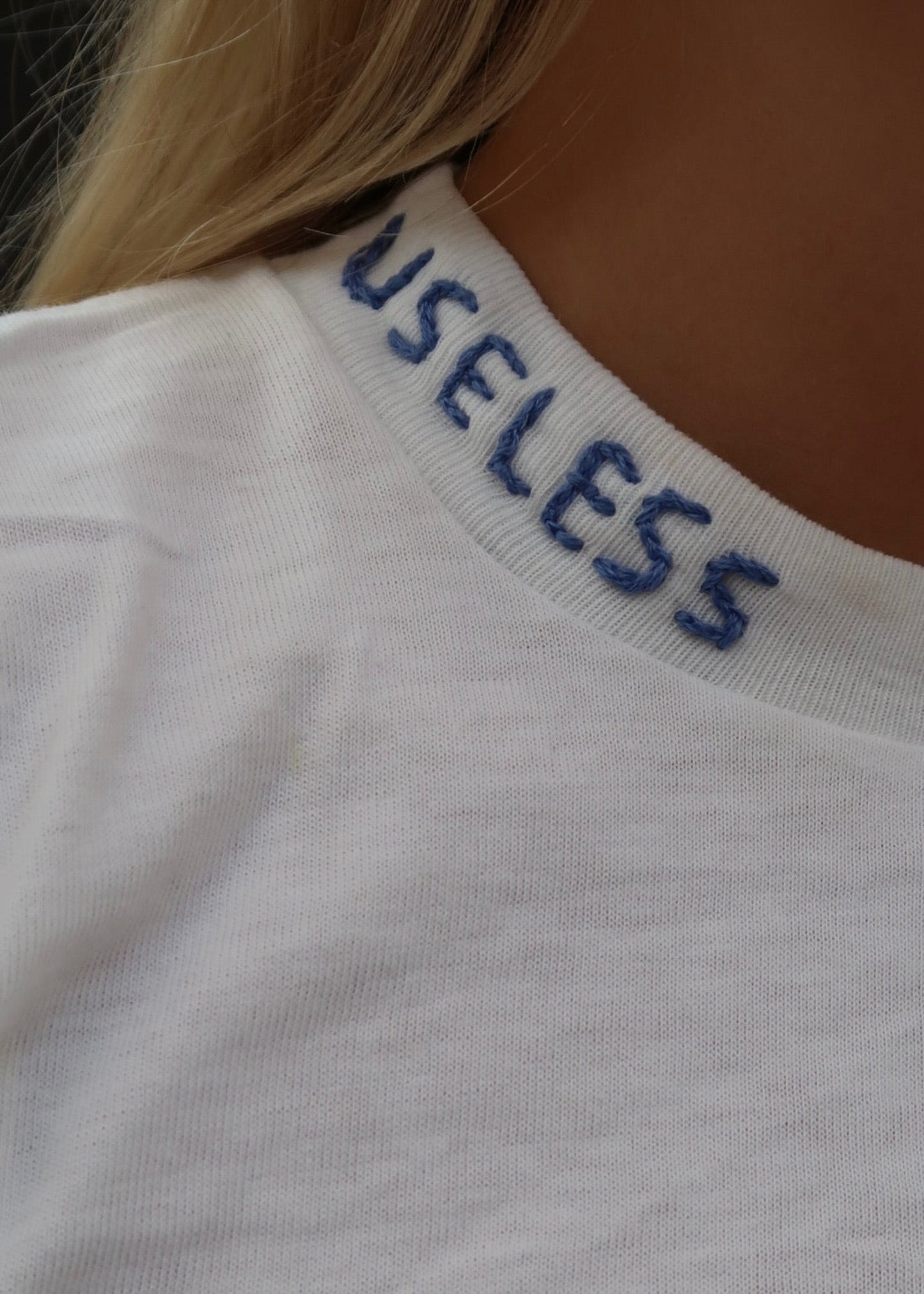 White T Shirt with Blue Embroidery