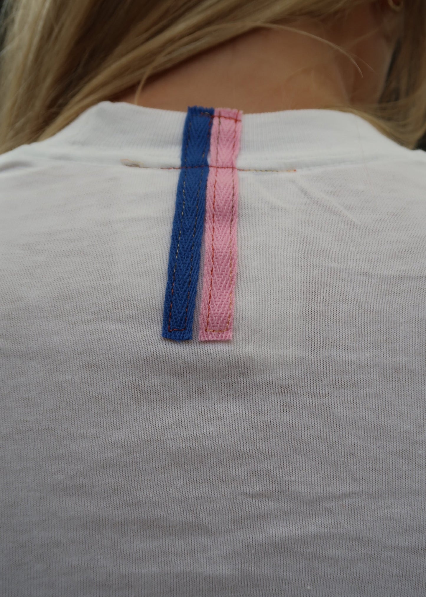White T Shirt with Blue Embroidery