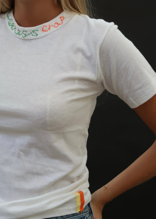 White T Shirt with Green and Orange Embroidery