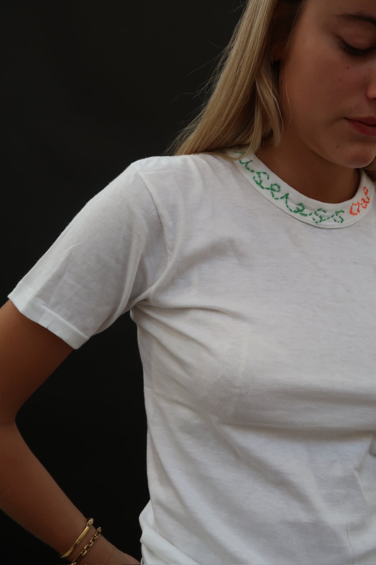 White T Shirt with Green and Orange Embroidery