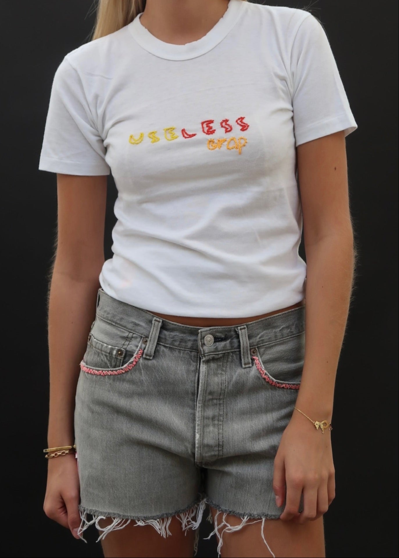 Levi's Grey Wash Cut-Offs With Pink Gingham Patch