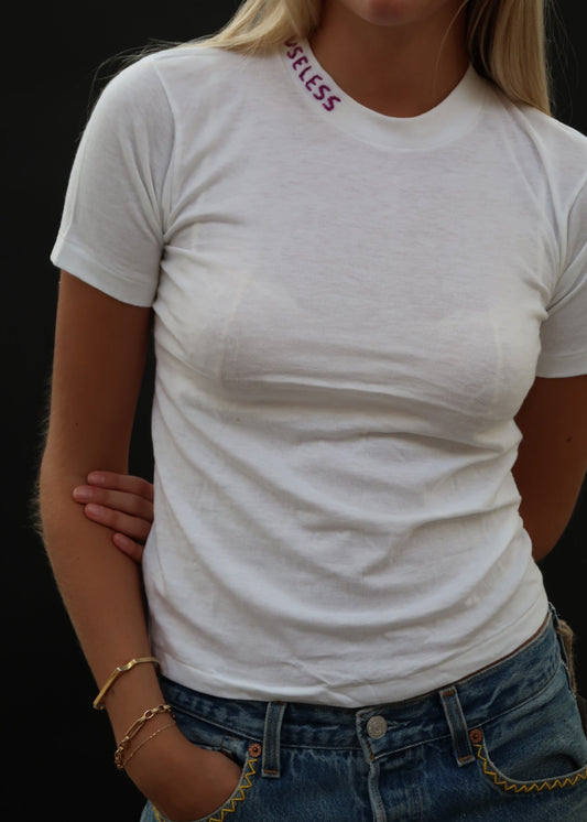 White T Shirt with Purple Embroidery