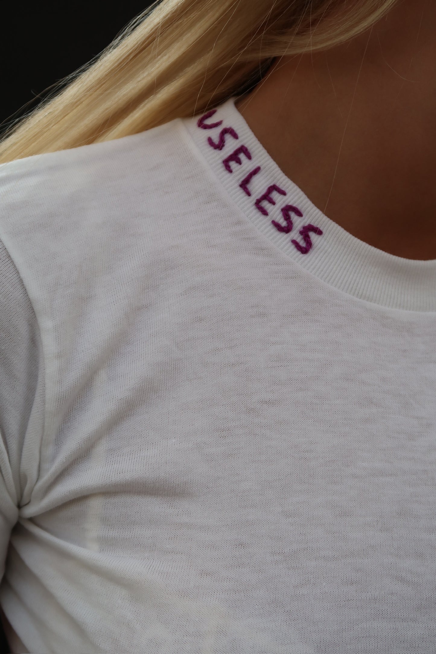 White T Shirt with Purple Embroidery