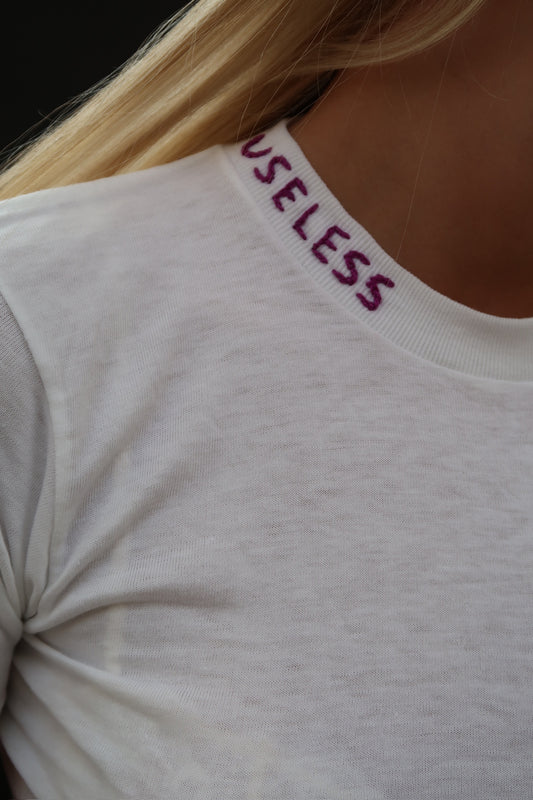 White T Shirt with Purple Embroidery