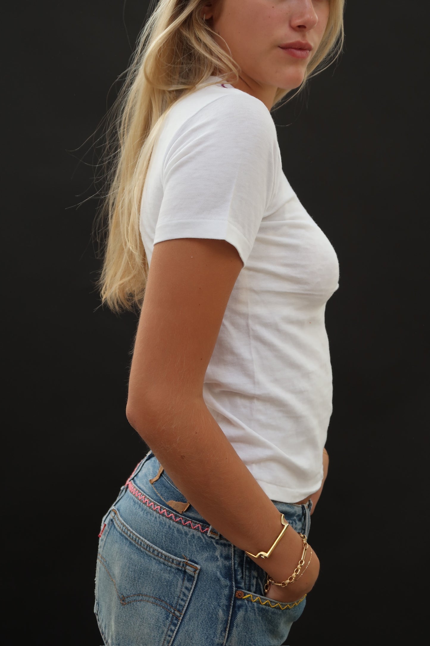 White T Shirt with Purple Embroidery