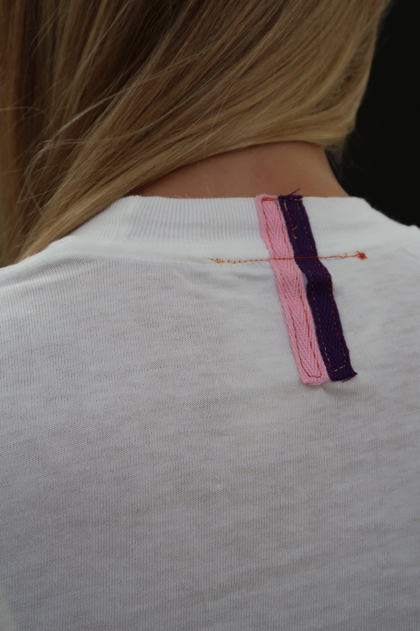 White T Shirt with Purple Embroidery
