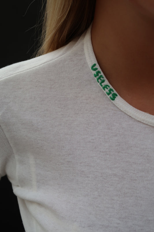 White T Shirt with Green Embroidery