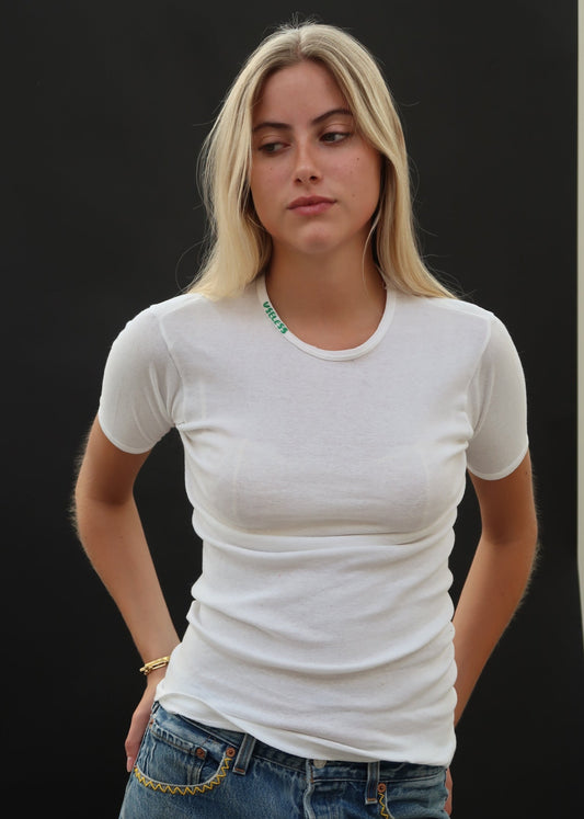 White T Shirt with Green Embroidery