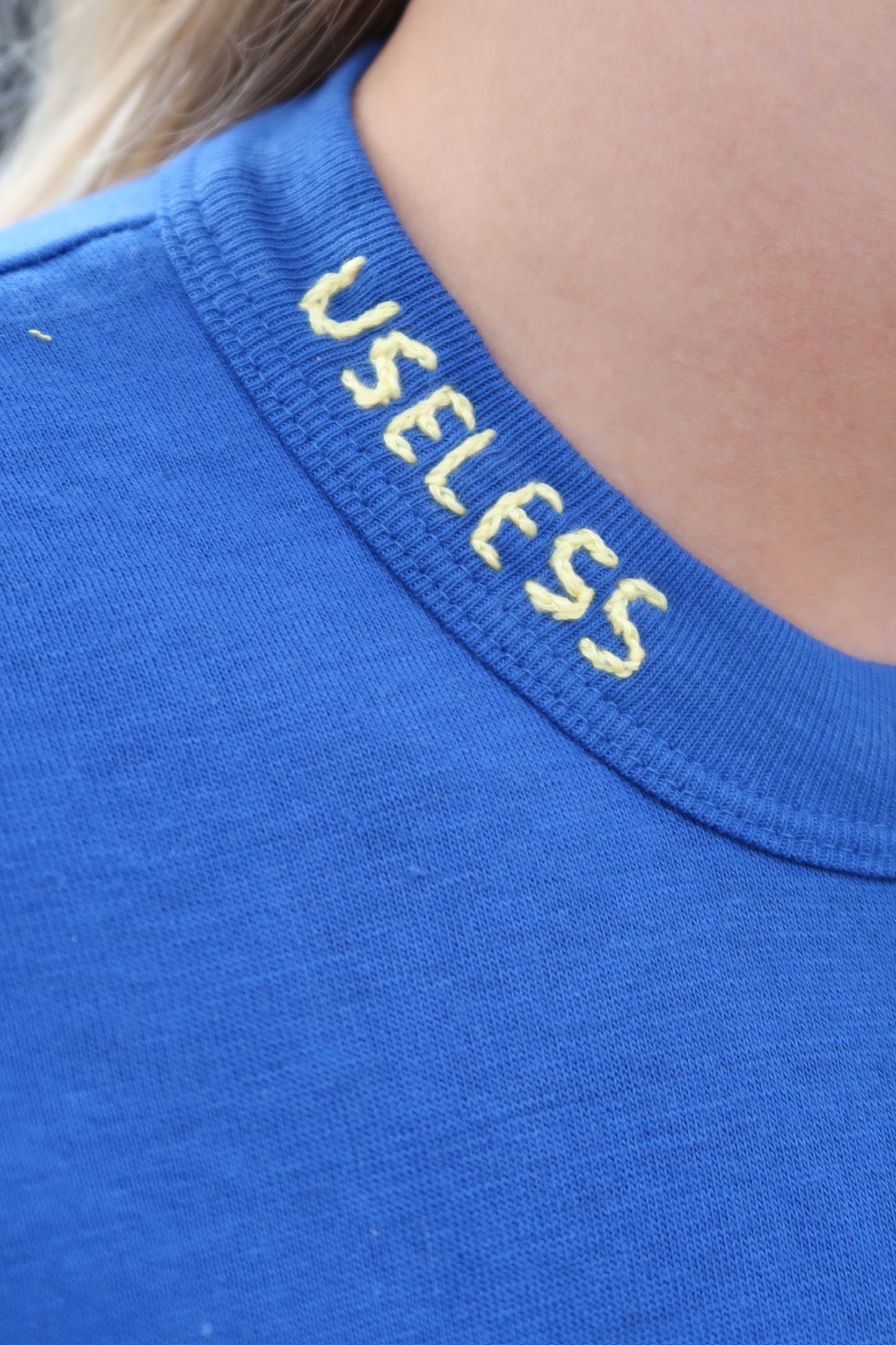 Blue T Shirt with White Embroidery