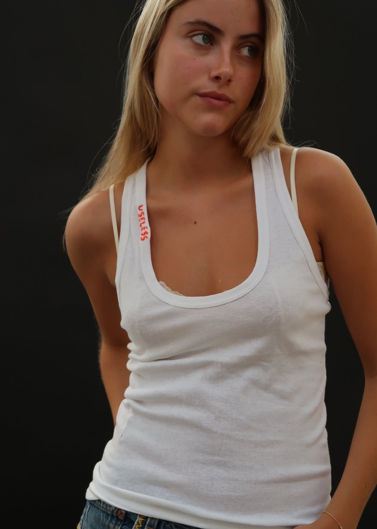 White Racer Back Vest with Orange Embroidery