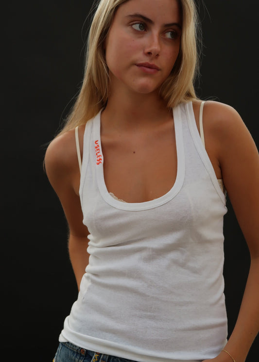 White Racer Back Vest with Orange Embroidery