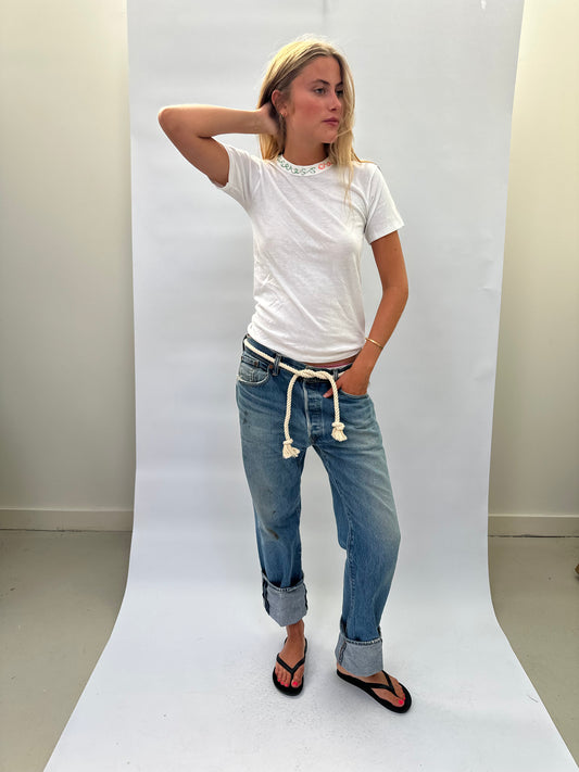 White T Shirt with Green and Orange Embroidery