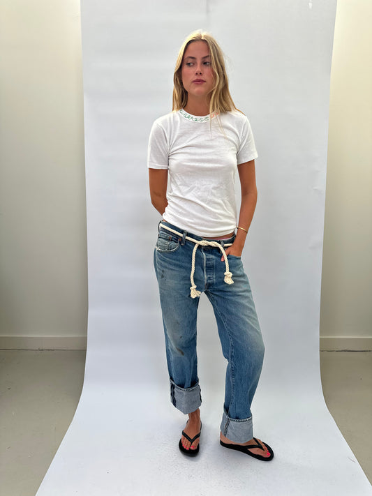 White T Shirt with Green and Orange Embroidery