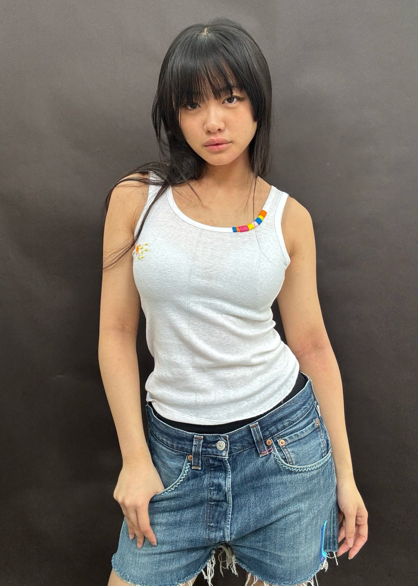 White Tank With Embroidered Neckline and Darning