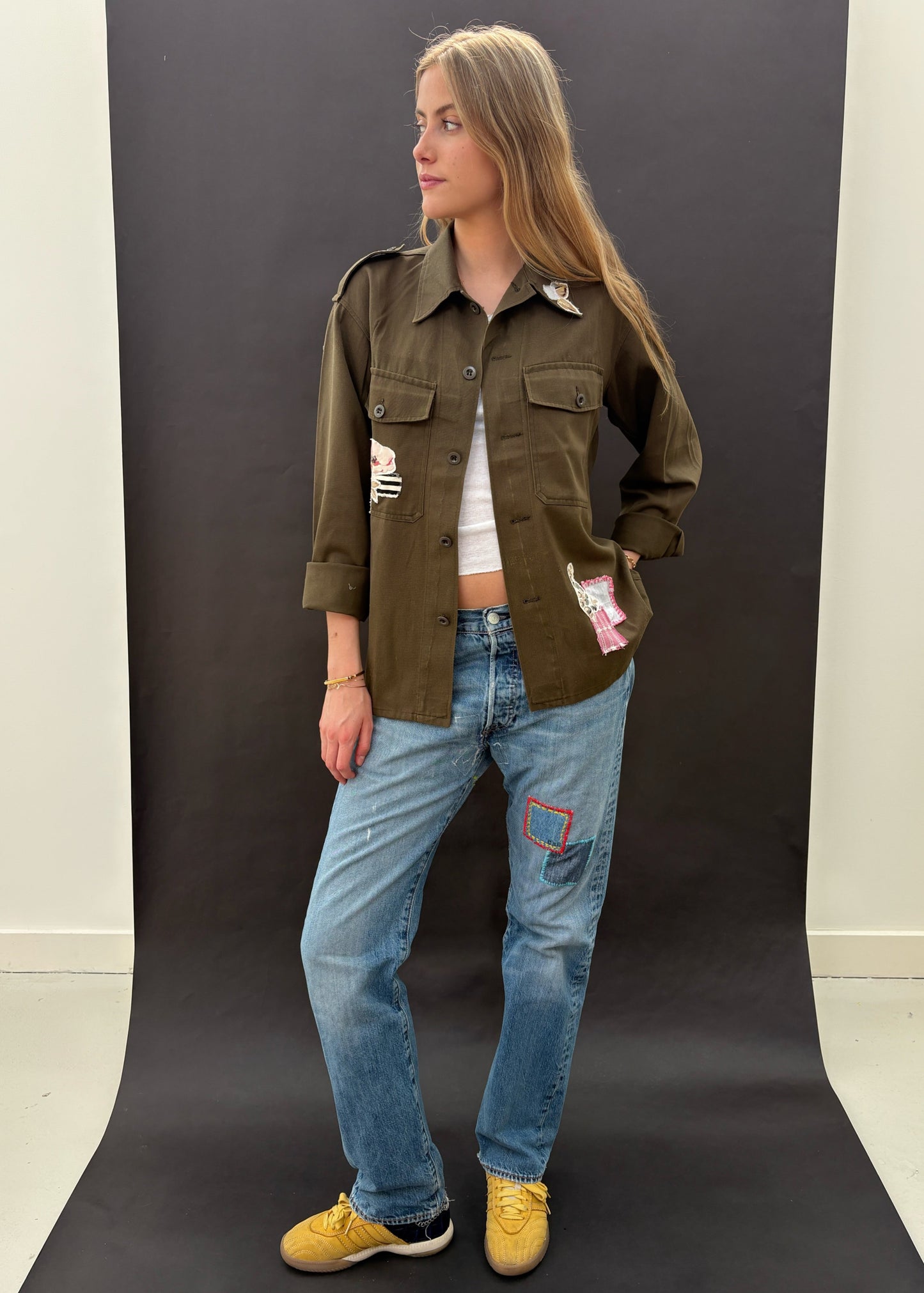 Army Shirt with Floral Patches