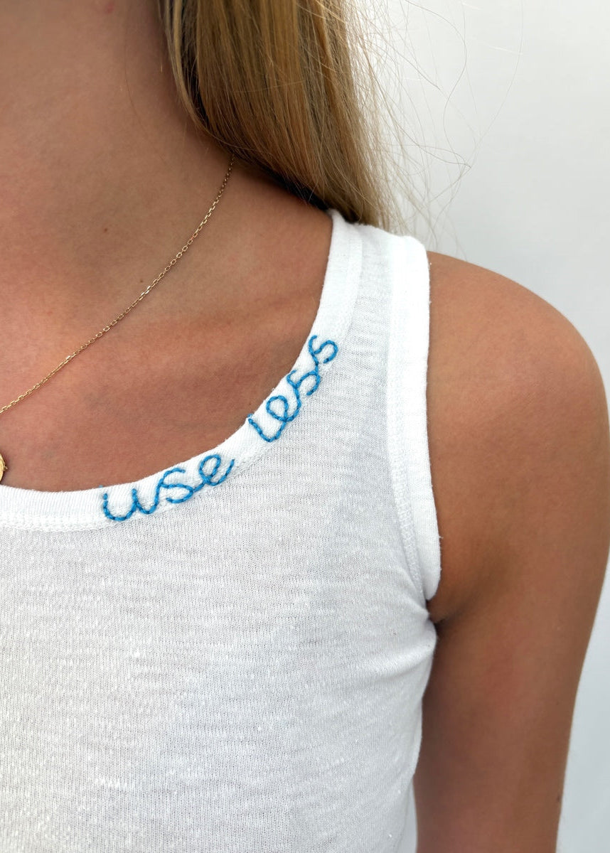 010. White Tank Neckline Logo Blue