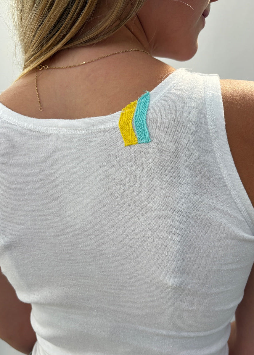010. White Tank Neckline Logo Blue